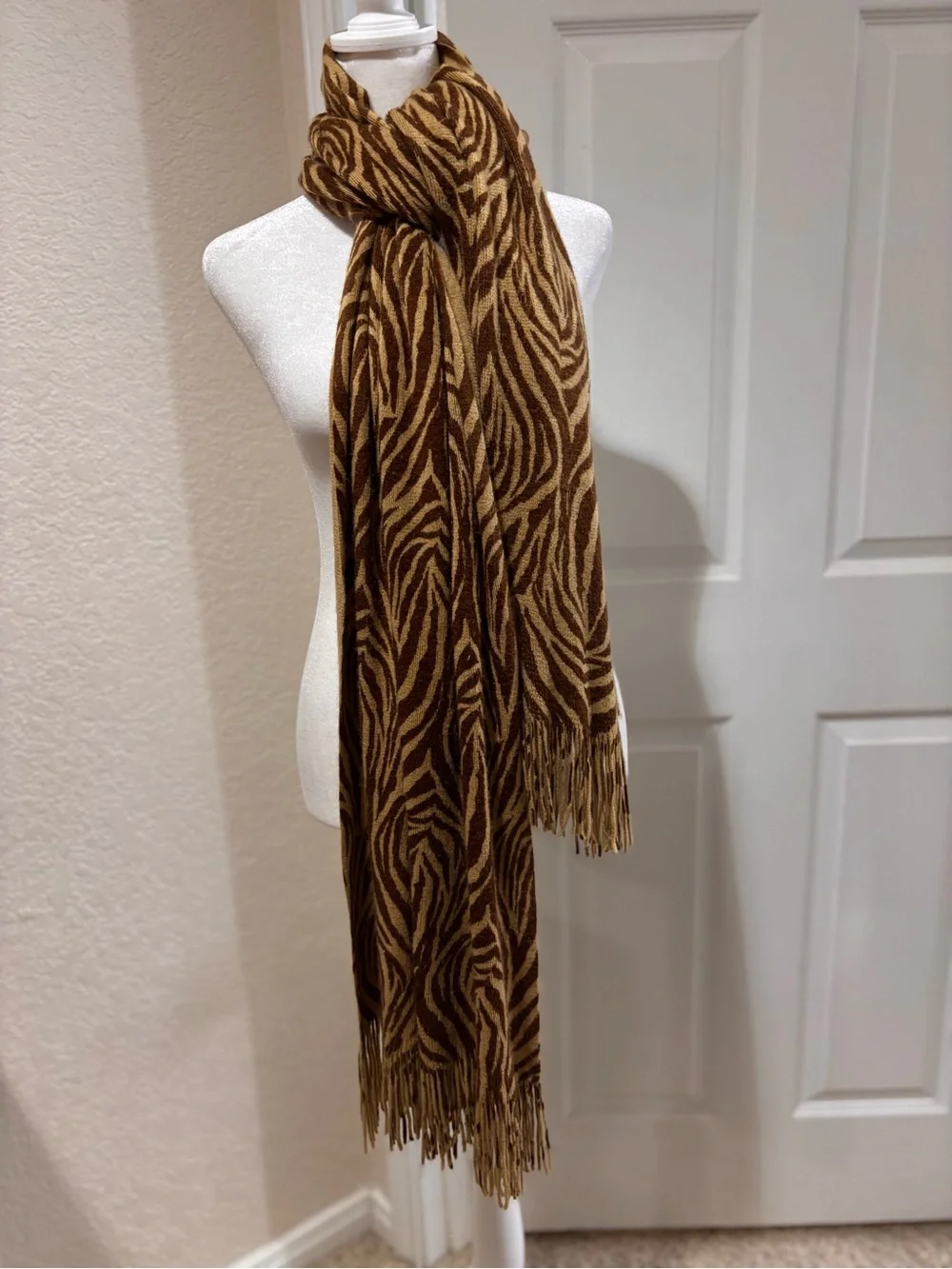 Brown Zebra-Print Fringe Scarf - Women's Animal Print Wrap
